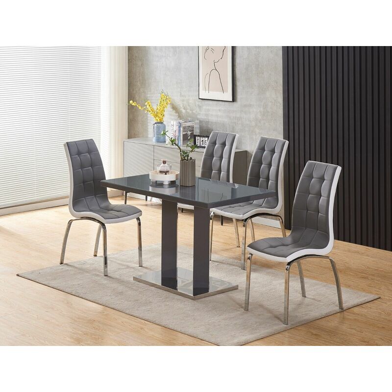 Meridian 4-Seater Grey Glass and Grey High Gloss Dining Table with 4 Vienna Grey Faux Leather Chairs - Furnizone Uk