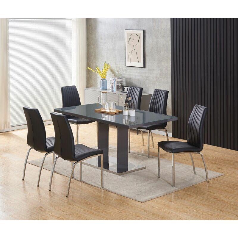 FURNIZONE UK Meridian 6-Seater Grey Glass and Grey High Gloss Dining Table with 6 Modalux Black Faux Leather Chairs