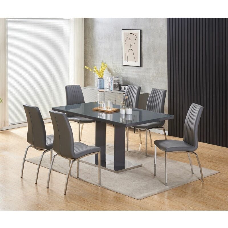 Meridian 6-Seater Grey Glass and Grey High Gloss Dining Table with 6 Modalux Grey Faux Leather Chairs - Furnizone Uk