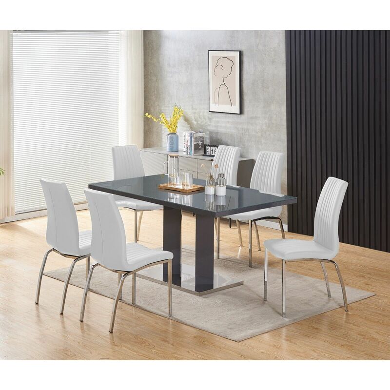 Meridian 6-Seater Grey Glass and Grey High Gloss Dining Table with 6 Modalux White Faux Leather Chairs - Furnizone Uk