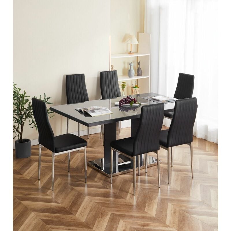 Meridian 6-Seater Grey Glass and Grey High Gloss Dining Table with 6 Monza Black Faux Leather Chairs - Furnizone Uk