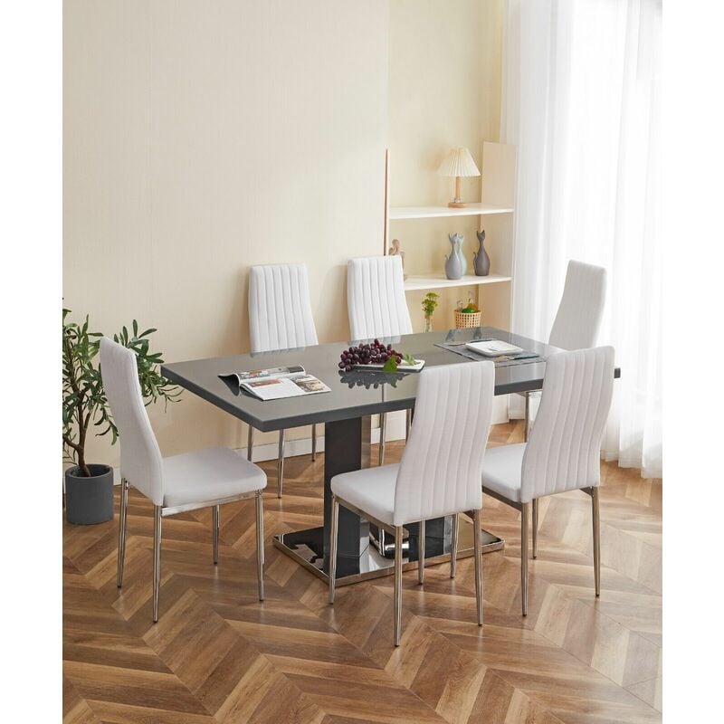 FURNIZONE UK Meridian 6-Seater Grey Glass and Grey High Gloss Dining Table with 6 Monza White Faux Leather Chairs