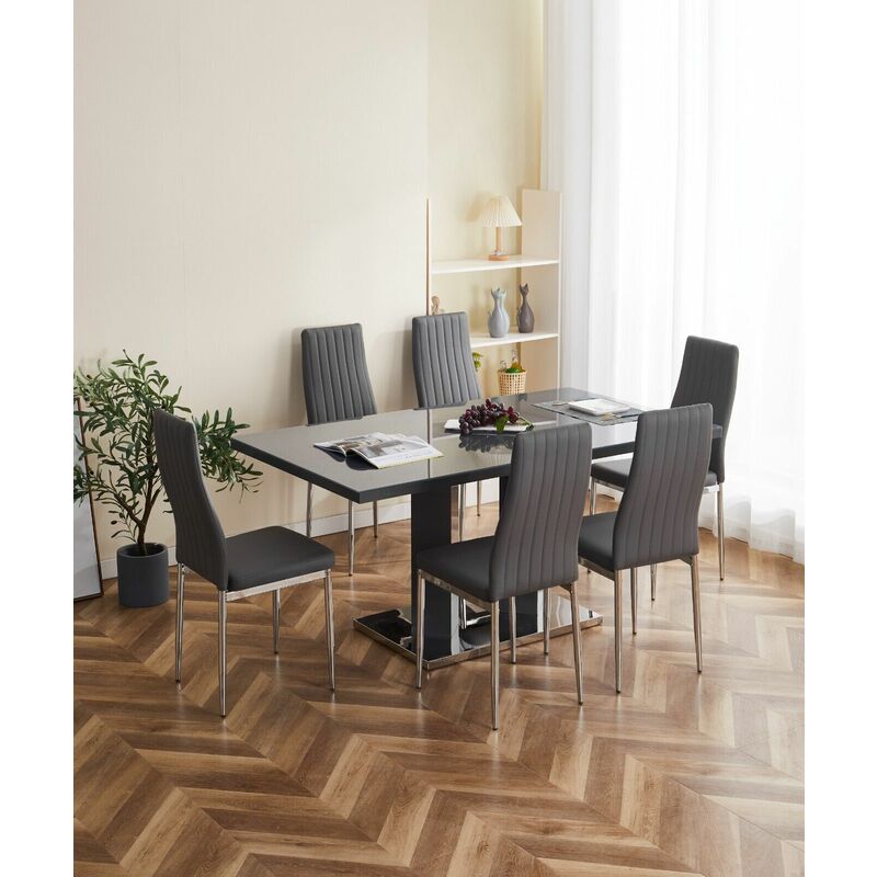 Meridian 6-Seater Grey Glass and Grey High Gloss Dining Table with 6 Monza Grey Faux Leather Chairs - Furnizone Uk