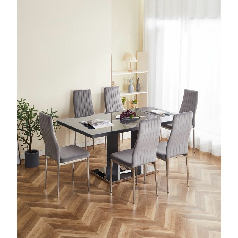 FURNIZONE UK Meridian 6-Seater Grey Glass and Grey High Gloss Dining Table with 6 Monza Grey Velvet Chairs