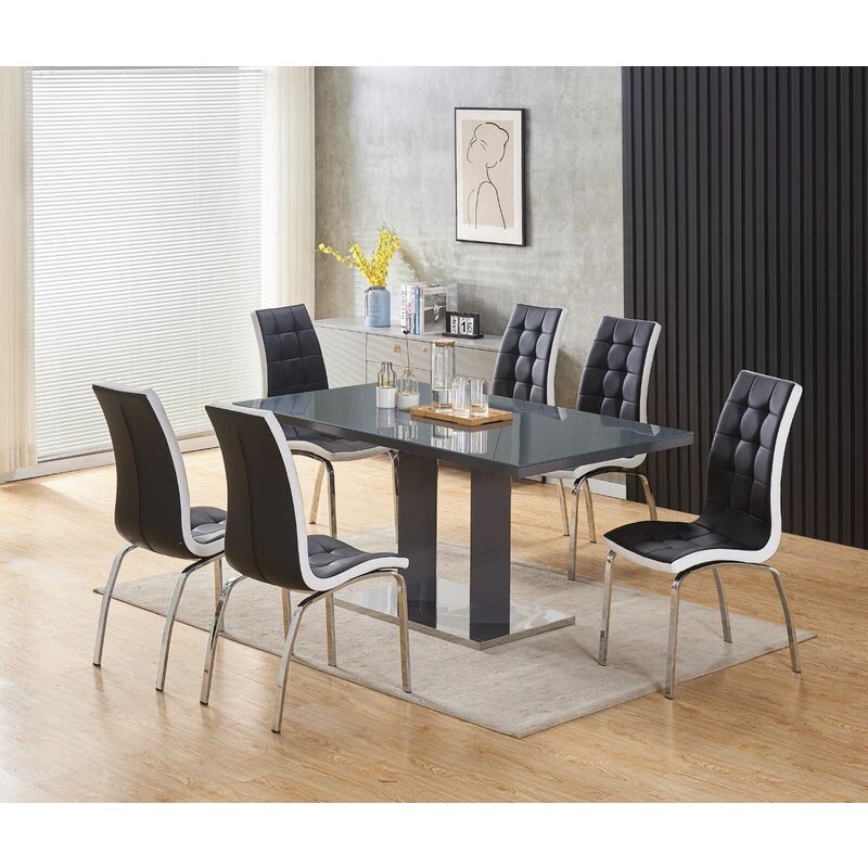 FURNIZONE UK Meridian 6-Seater Grey Glass and Grey High Gloss Dining Table with 6 Vienna Black Faux Leather Chairs