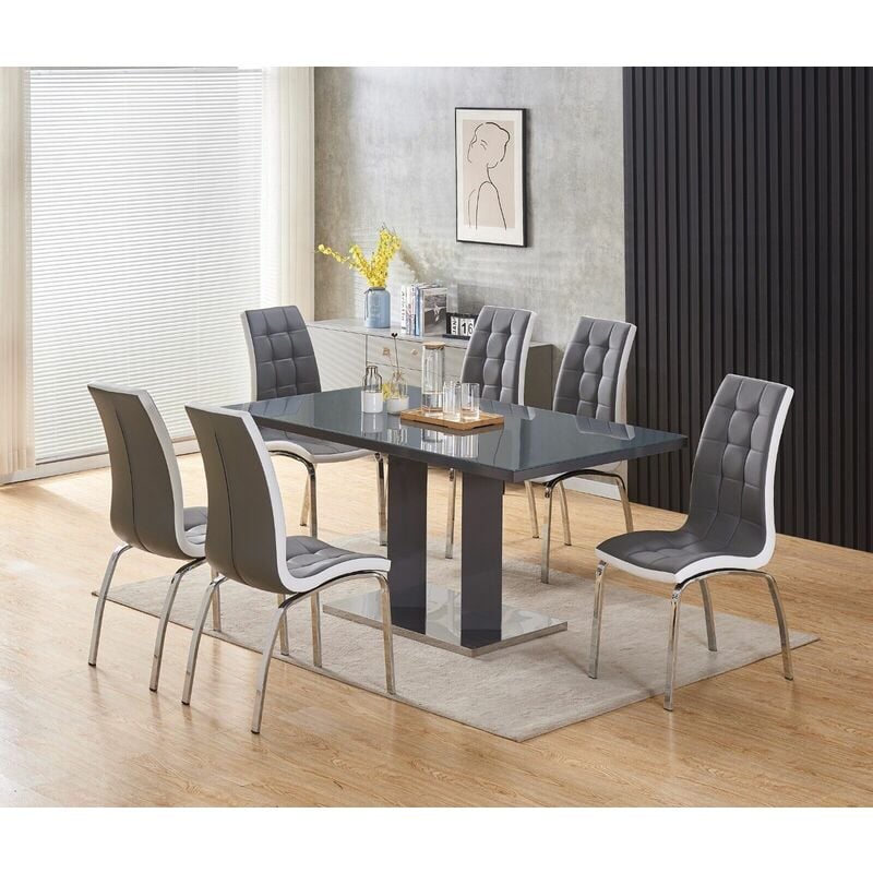 Meridian 6-Seater Grey Glass and Grey High Gloss Dining Table with 6 Vienna Grey Faux Leather Chairs - Furnizone Uk