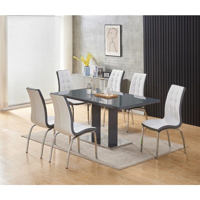 Meridian 6-Seater Grey Glass and Grey High Gloss Dining Table with 6 Vienna White Faux Leather Chairs - Furnizone Uk