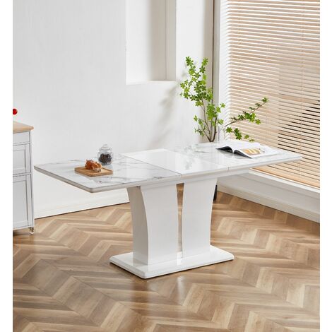 FURNIZONE UK Mozart White Marble-Effect Glass Extending Dining Table