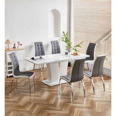 FURNIZONE UK Mozart White Marble-Effect Glass Extending Dining Table with 4 Vienna White Faux Leather Chairs