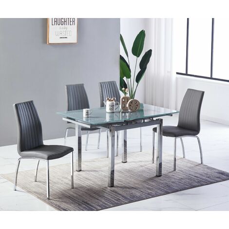 FURNIZONE UK Piccolo Grey Glass 4-Seater Dining Table with 4 Modalux Grey Faux Leather Chairs - Grey