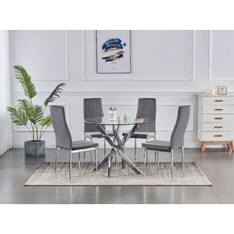 FURNIZONE UK ROLEX 100 cm Round Clear Glass Dining Table with 4 Monza Grey Velvet Chairs