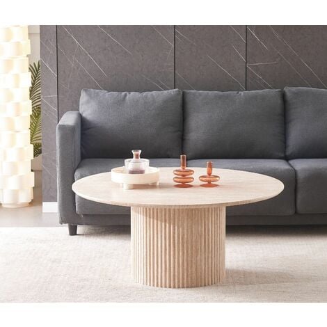 FURNIZONE UK Romano 100 cm Round Travertine Effect with Fluted Cylindrical Base Coffee Table