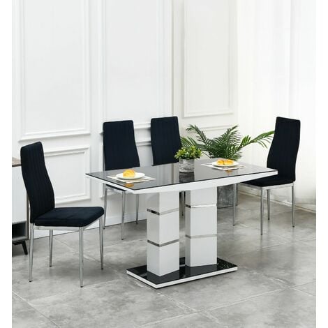 FURNIZONE UK Tivoli Black Glass 4-Seater Dining Table with 4 Monza Black Velvet Chairs - Black