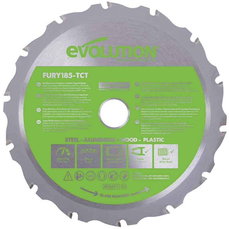 Evolution - fury® Multi-Purpose tct Circular Saw Blade 185 x 20mm x 16T EVLF185MULTI
