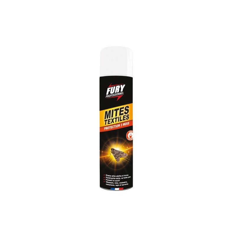 Répulsif textile aérosol 400ml – Protection contre mites et larves – Pulvérisation sèche sans tache – Parfum linge propre – Fury