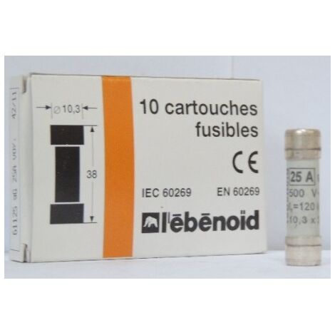 Fusible 25A cartouche 10X38mm gG usage industriel (boite de 10) HPC 120kA 500V avec voyant EBENOID 061125