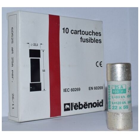 Fusible 25A cartouche 22X58mm aM usage industriel (boite de 10) HPC 80kA 660V avec percuteur EBENOID 060525