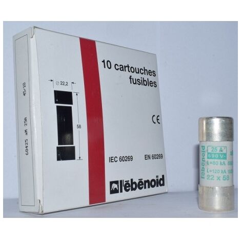 Fusible 25A cartouche 22X58mm aM usage industriel (boite de 10) HPC 80kA 660V sans percuteur EBENOID 060425