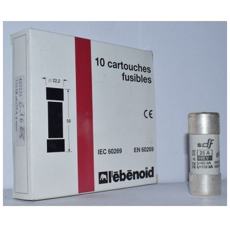 Fusible 25A cartouche 22X58mm gG usage industriel (boite de 10) HPC 120kA 660V avec voyant et percuteur EBENOID 061625