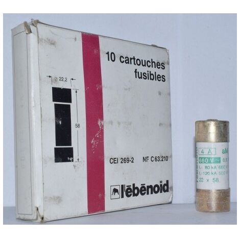Fusible 4A cartouche 22X58mm aM usage industriel (boite de 10) HPC 80kA 660V avec percuteur EBENOID 060504