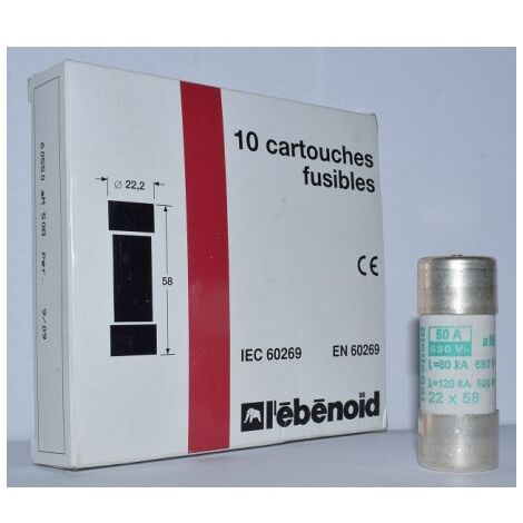 Fusible 50A cartouche 22X58mm aM usage industriel (boite de 10) HPC 80kA 660V avec percuteur EBENOID 060550