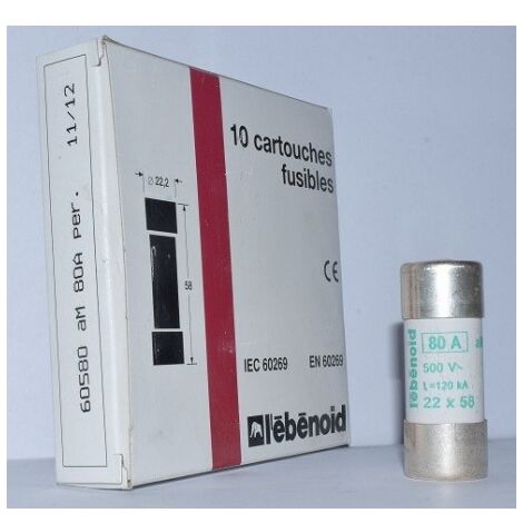 Fusible 80A cartouche 22X58mm aM usage industriel (boite de 10) HPC 120kA 500V avec percuteur EBENOID 060580