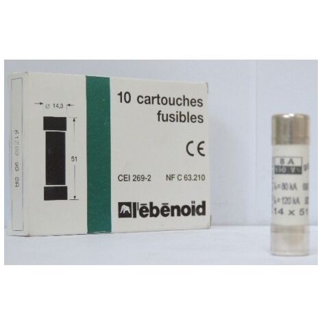Fusible 8A cartouche 14X51mm gG usage industriel (boite de 10) HPC 120kA 500V sans voyant EBENOID 061208