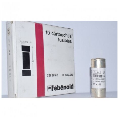 Fusible 8A cartouche 22X58mm gG usage industriel (boite de 10) HPC 120kA 660V avec voyant et percuteur EBENOID 061608