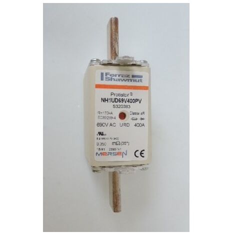 Fusible cartouche corps carré Standard DIN Taille NH1 Courbe : aR Calibre : 400 A Tension : 690 V Indicateur MERSEN S320383