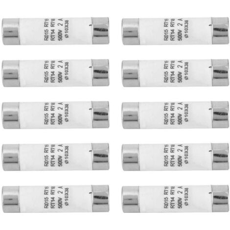 Fusibles cylindriques en céramique, 10 pièces 10x38mm 380-500VAC 2A Fusible Cylindrique à Capacité de Coupure élevée avec Indicateur pour appareils électroménagers, installations industrielles