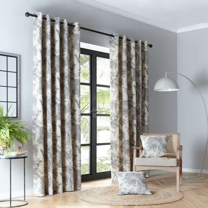 Saranda Tropical Print Cotton Rich Eyelet Lined Curtains, Charcoal, 90 X 72 Inch - Fusion