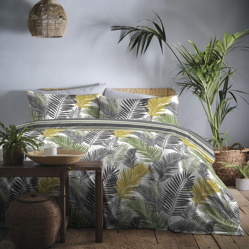 Fusion - Set copripiumino facile da pulire, motivo tropicale per letto matrimoniale, 3 pezzi, color ocra, TROOC21PTU