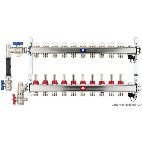 Fußbodenheizungsverteiler aus Edelstahl mit Topmeter für 10 Heizkreise - mit WMZ-Anschlussset 110 mm senkrecht