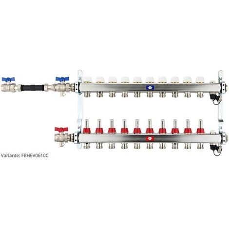 Fußbodenheizungsverteiler aus Edelstahl mit Topmeter für 10 Heizkreise - mit WMZ-Anschlussset 110 mm waagrecht