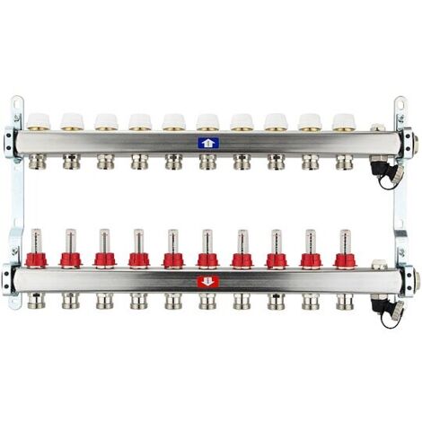 Fußbodenheizungsverteiler aus Edelstahl mit Topmeter für 10 Heizkreise - ohne Anschlussset
