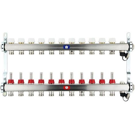 Fußbodenheizungsverteiler aus Edelstahl mit Topmeter für 11 Heizkreise - ohne Anschlussset