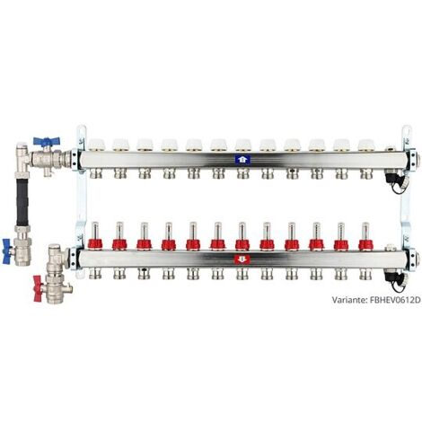 Fußbodenheizungsverteiler aus Edelstahl mit Topmeter für 12 Heizkreise - mit WMZ-Anschlussset 110 mm senkrecht