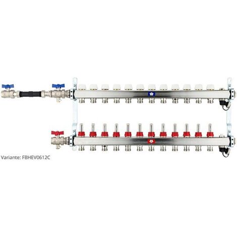 Fußbodenheizungsverteiler aus Edelstahl mit Topmeter für 12 Heizkreise - mit WMZ-Anschlussset 110 mm waagrecht