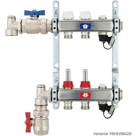 Fußbodenheizungsverteiler aus Edelstahl mit Topmeter für 2 Heizkreise - mit Anschlussset senkrecht
