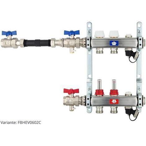 Fußbodenheizungsverteiler aus Edelstahl mit Topmeter für 2 Heizkreise - mit WMZ-Anschlussset 110 mm waagrecht