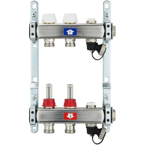 Fußbodenheizungsverteiler aus Edelstahl mit Topmeter für 2 Heizkreise - ohne Anschlussset
