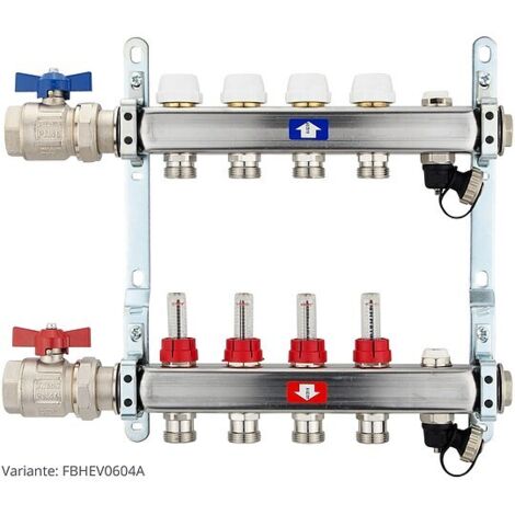 Fußbodenheizungsverteiler aus Edelstahl mit Topmeter für 4 Heizkreise - mit Anschlussset waagrecht