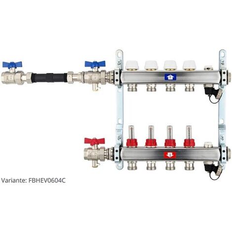 Fußbodenheizungsverteiler aus Edelstahl mit Topmeter für 4 Heizkreise - mit WMZ-Anschlussset 110 mm waagrecht