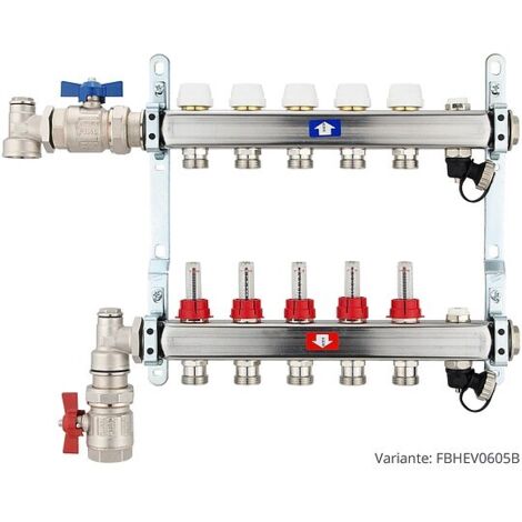 Fußbodenheizungsverteiler aus Edelstahl mit Topmeter für 5 Heizkreise - mit Anschlussset senkrecht