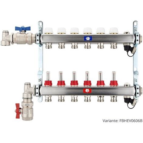 Fußbodenheizungsverteiler aus Edelstahl mit Topmeter für 6 Heizkreise - mit Anschlussset senkrecht