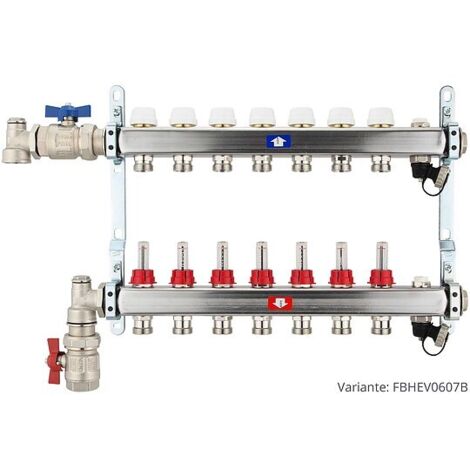 Fußbodenheizungsverteiler aus Edelstahl mit Topmeter für 7 Heizkreise - mit Anschlussset senkrecht