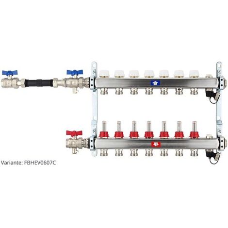 Fußbodenheizungsverteiler aus Edelstahl mit Topmeter für 7 Heizkreise - mit WMZ-Anschlussset 110 mm waagrecht