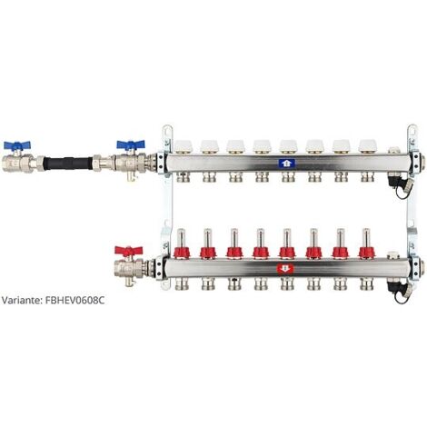 Fußbodenheizungsverteiler aus Edelstahl mit Topmeter für 8 Heizkreise - mit WMZ-Anschlussset 110 mm waagrecht
