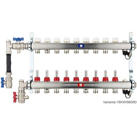 Fußbodenheizungsverteiler aus Edelstahl mit Topmeter für 9 Heizkreise - mit WMZ-Anschlussset 110 mm senkrecht