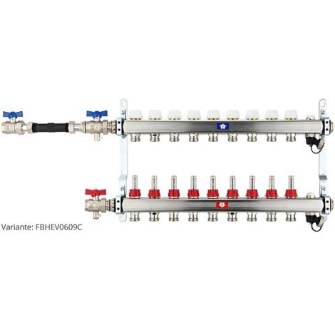 Fußbodenheizungsverteiler aus Edelstahl mit Topmeter für 9 Heizkreise - mit WMZ-Anschlussset 110 mm waagrecht